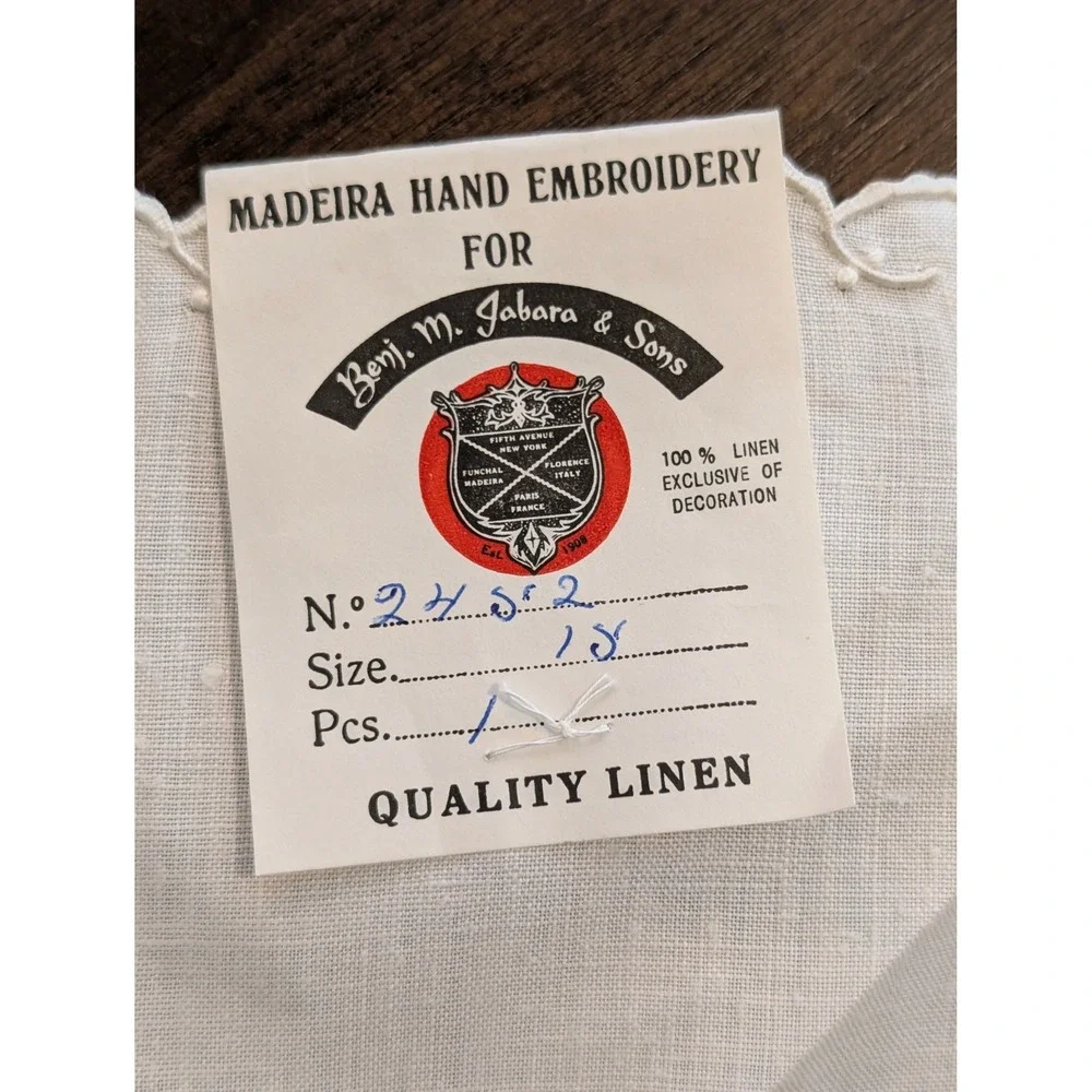 Benj. M. Jabara & Sons Madeira Hand Embroidered White Linen Doily Vintage‎ Tea